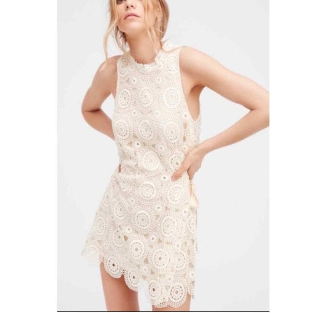 Free People Sz 10 Selma Lace Crochet Shift Dress Mini Boho Festival Prairie